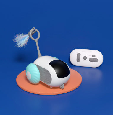 Orange Poppy remote control cat toy white teal wheeled robot with feather attachment and white remote