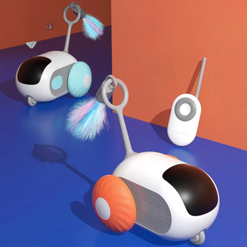 Orange Poppy remote control cat toy set of two wheeled white robots with pastel feather tails and handheld remote