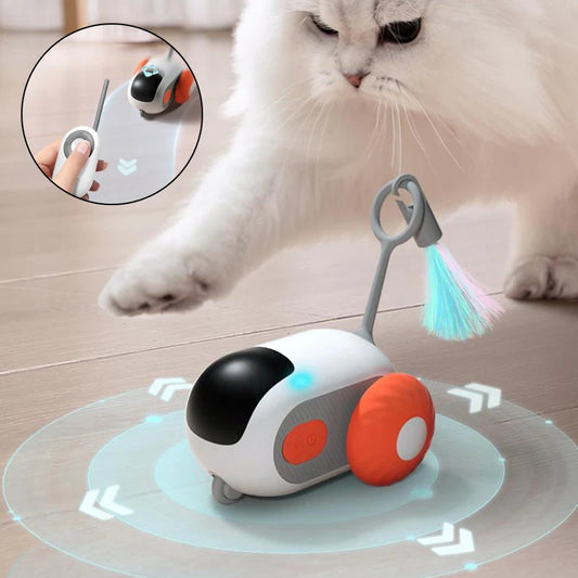 Orange Poppy remote control cat toy with rolling wheels and dangling feather for playful indoor cats