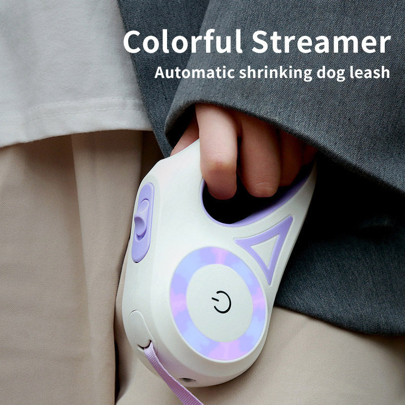 Orange Poppy retractable dog leash with collar in white and purple ergonomic handle with LED light