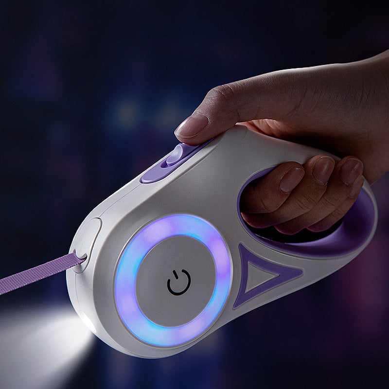 Orange Poppy retractable dog leash with collar LED light ergonomic white and purple handle for nighttime walks