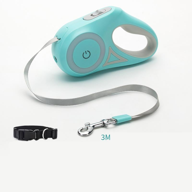 Orange Poppy retractable dog leash with collar in teal with 3m tape and silver clip shown with black collar