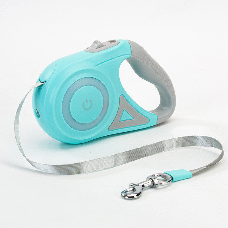 Orange Poppy retractable dog leash with collar in aqua blue ergonomic handle flat gray nylon tape