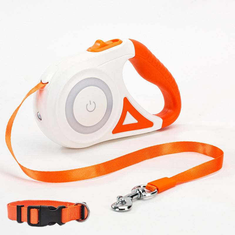 Orange Poppy orange and white retractable dog leash with collar set showing leash metal clip and adjustable collar