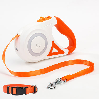 Orange Poppy orange and white retractable dog leash with collar set showing leash metal clip and adjustable collar