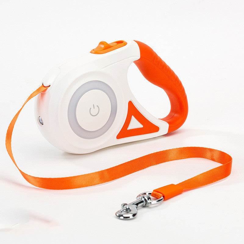 Orange Poppy retractable dog leash with collar style shown as orange ribbon leash and white ergonomic handle