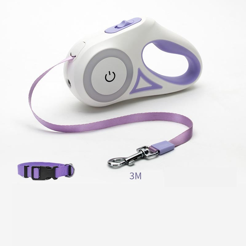 Orange Poppy retractable dog leash with collar in lavender with ergonomic handle and 3M tape