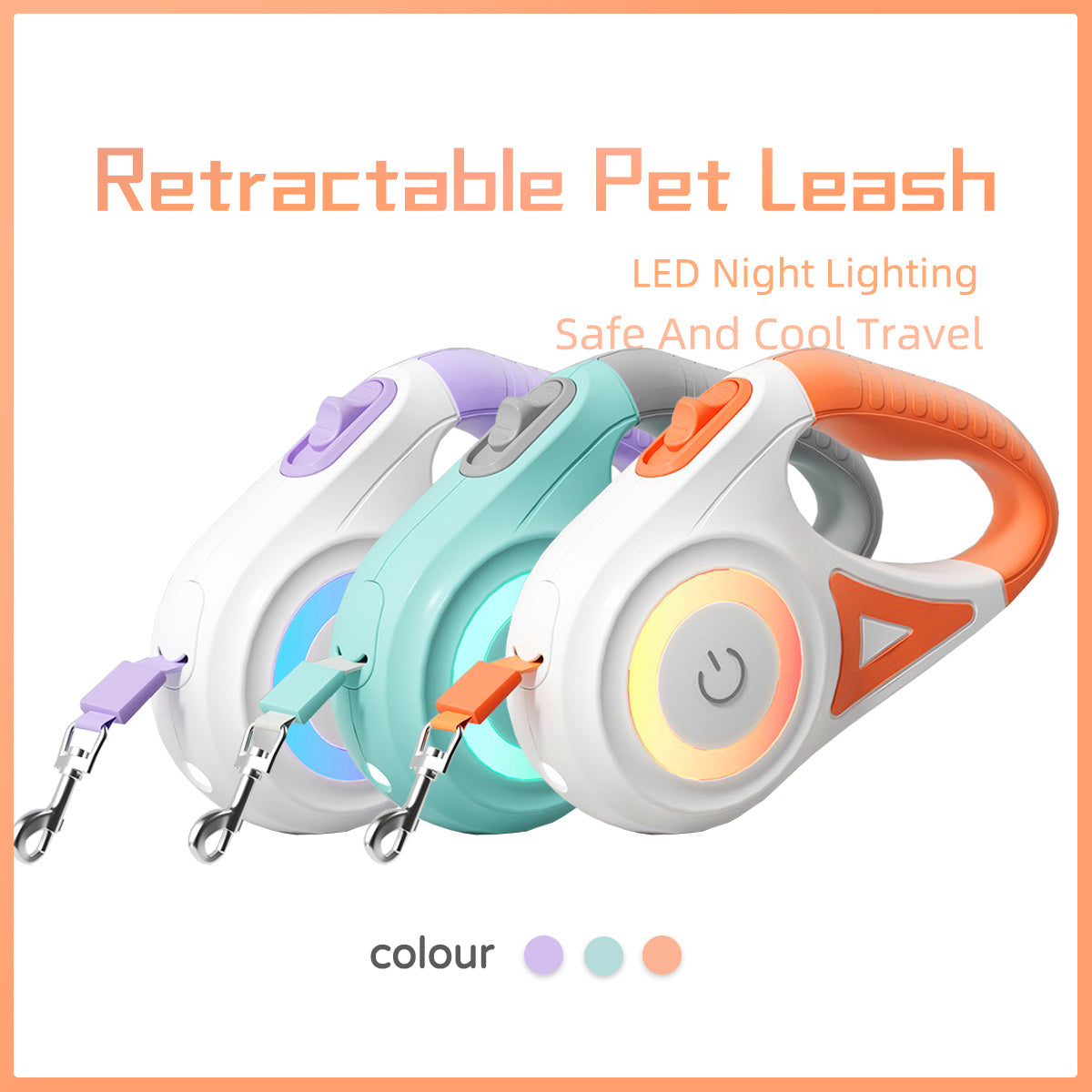 Orange Poppy retractable dog leash with collar showing three LED retractable pet leashes in orange mint and purple