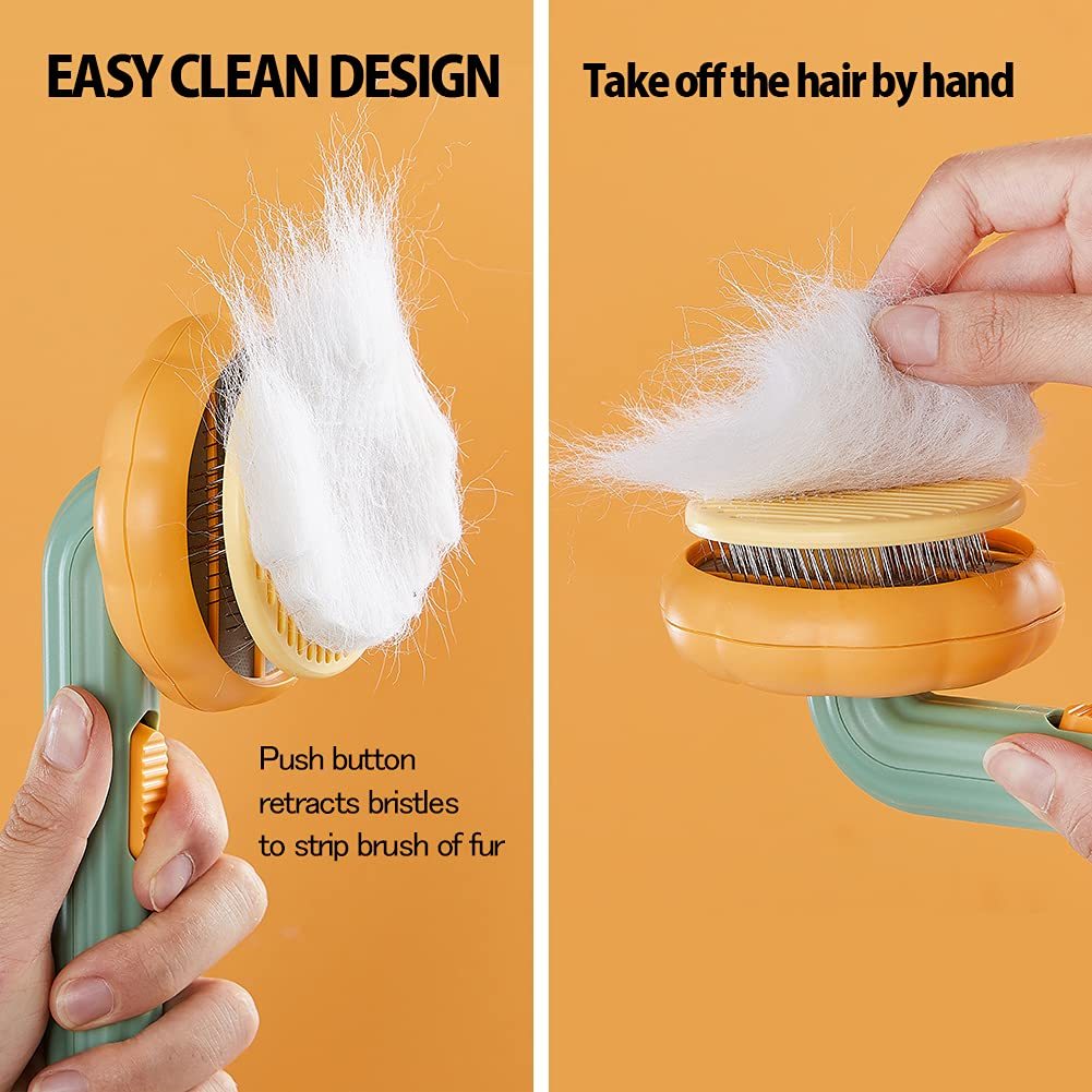 Orange Poppy self cleaning slicker brush for pets showing push button retraction removing white pet fur