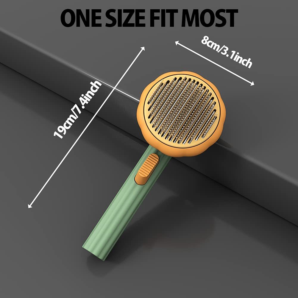 Orange Poppy self cleaning slicker brush for pets with ergonomic green handle and compact round head