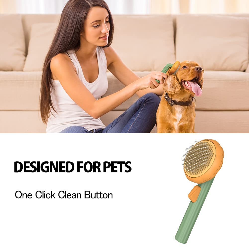 Orange Poppy self cleaning slicker brush for pets shown grooming dog on couch with one click clean button