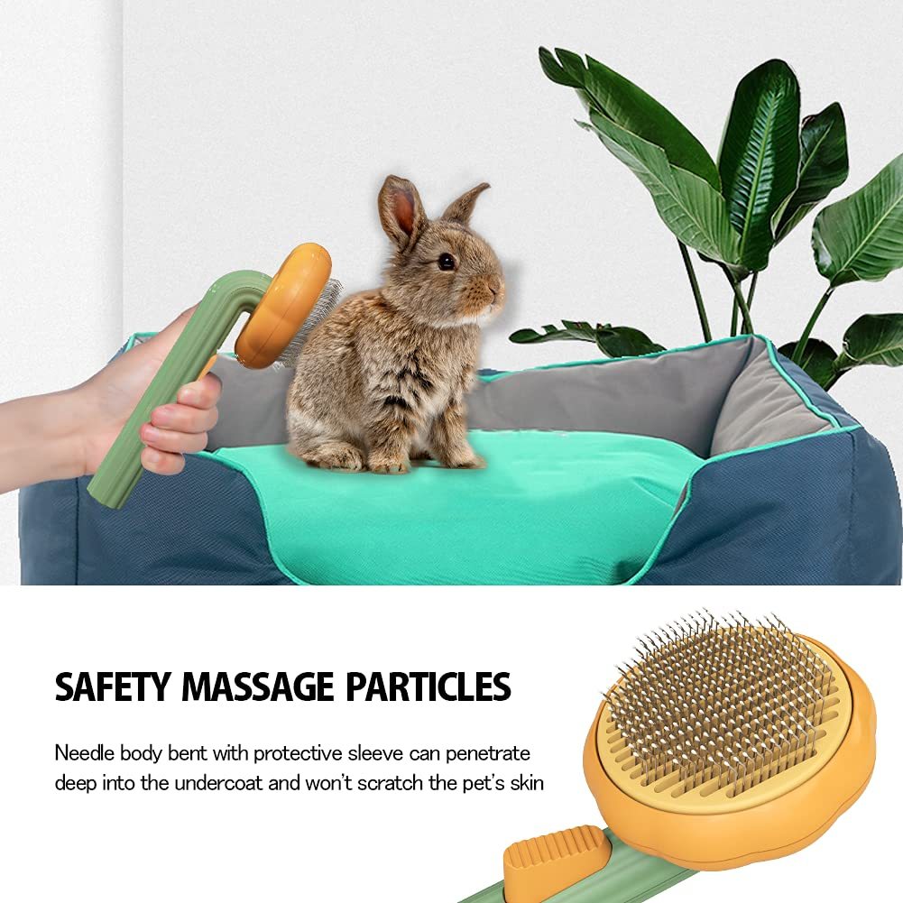 Orange Poppy pet bed with rabbit being groomed using a self cleaning slicker brush for pets showing safety massage bristles