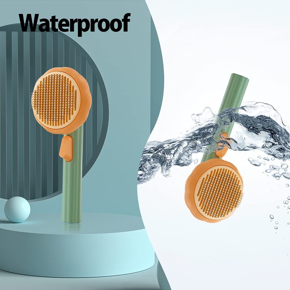 Orange Poppy waterproof self cleaning slicker brush for pets in orange and green with rubber bristles and water splash