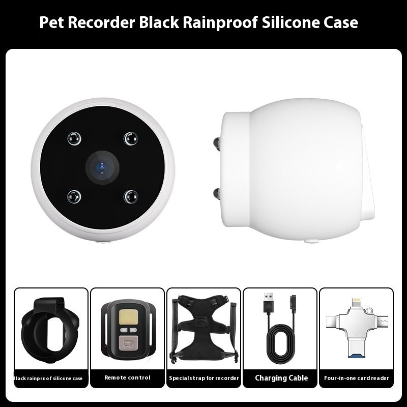 pet tracker collar with camera Orange Poppy white round pet recorder with rainproof silicone case remote and charging cable