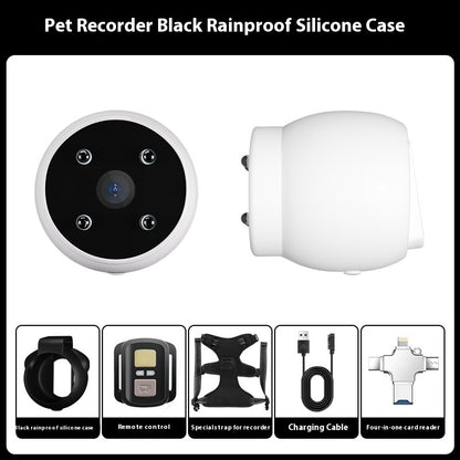pet tracker collar with camera Orange Poppy white round pet recorder with rainproof silicone case remote and charging cable