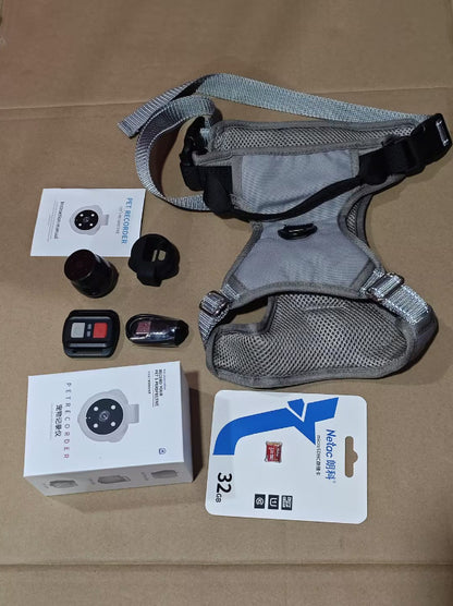 Orange Poppy pet tracker collar with camera kit showing gray mesh harness camera module remote and 32GB card