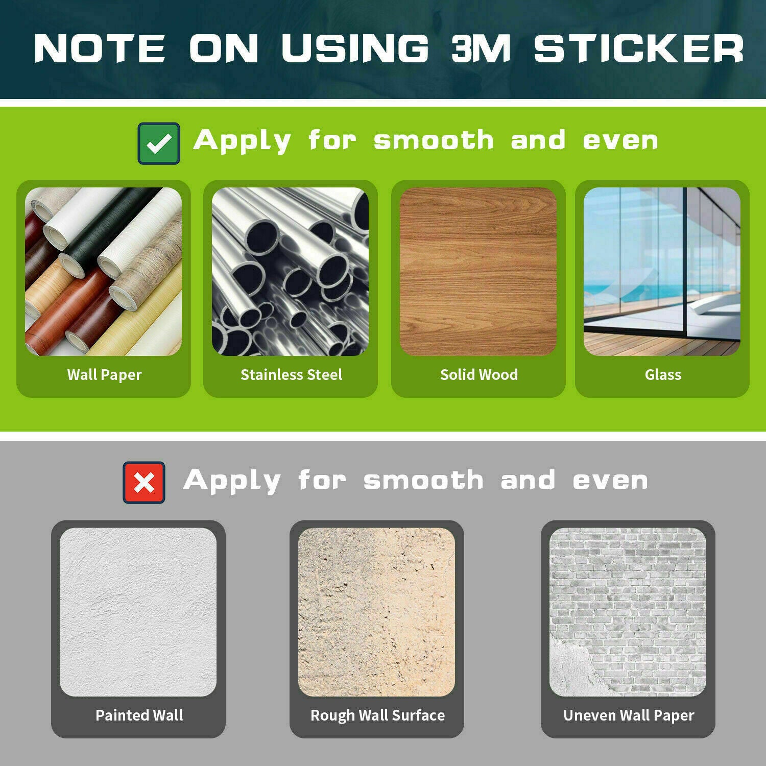 Instructions for applying 3M stickers for pet safety gate for stairs on various surfaces