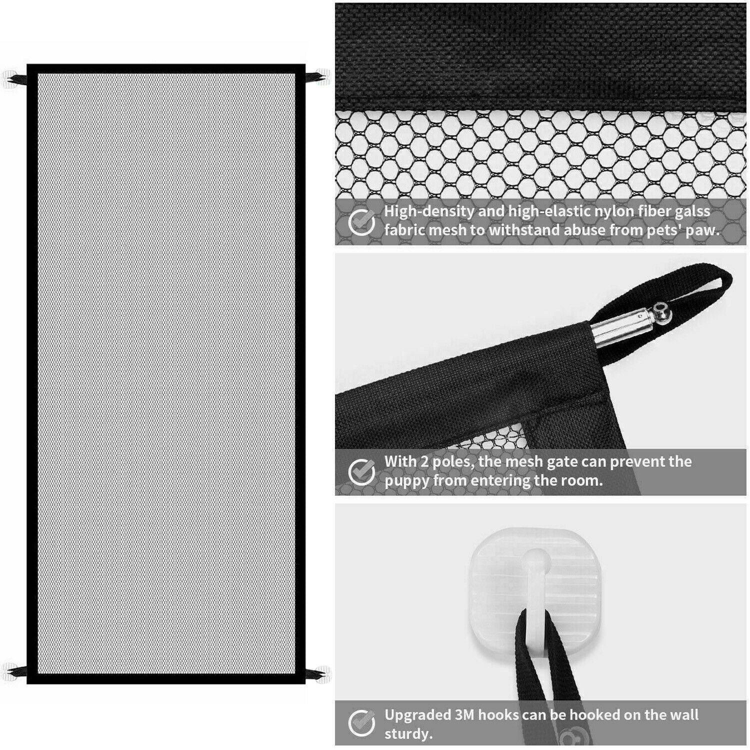 Black pet safety gate for stairs made of durable mesh to prevent pet access with secure hanging features