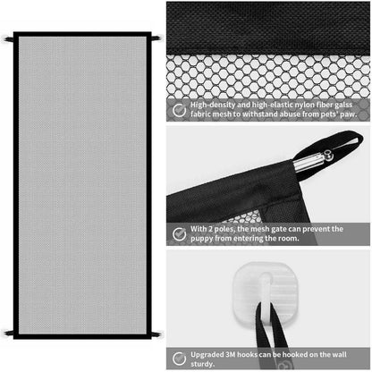 Black pet safety gate for stairs made of durable mesh to prevent pet access with secure hanging features