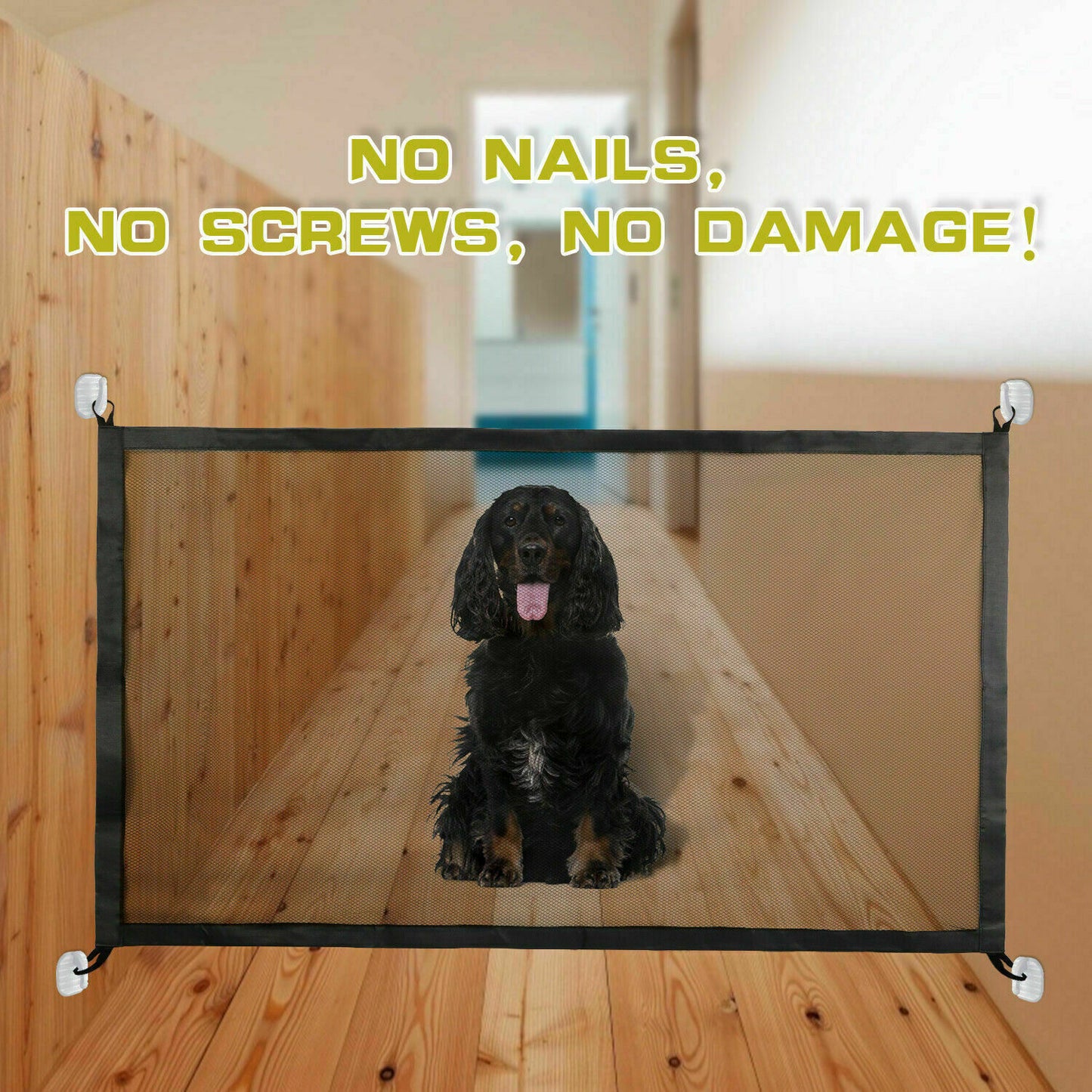 Pet safety gate for stairs featuring a no nails, no screws design for safe pet containment