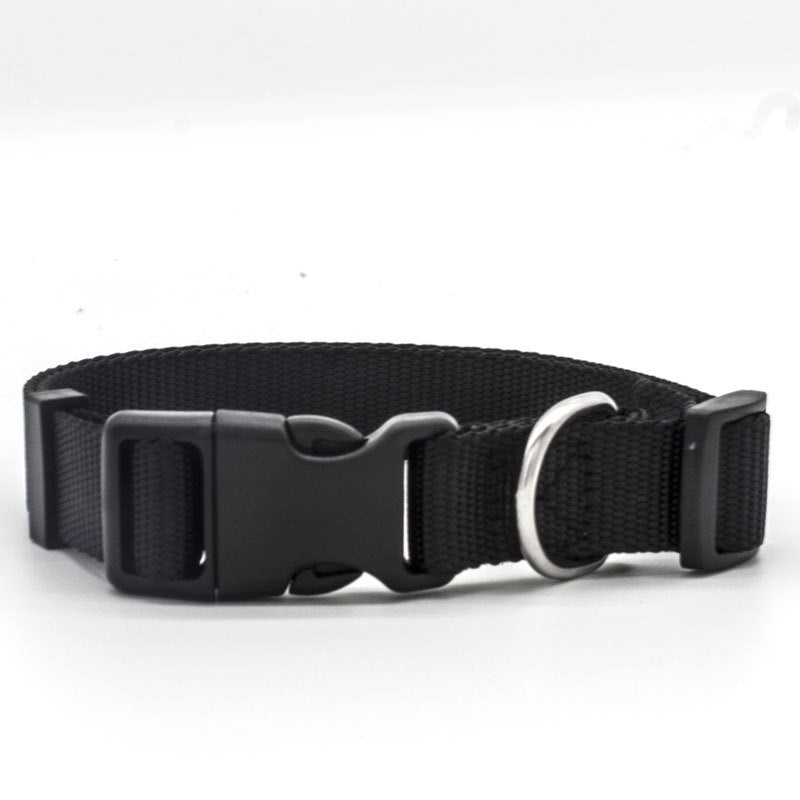 Black adjustable pet collar with durable buckle and metal D-ring for secure fastening