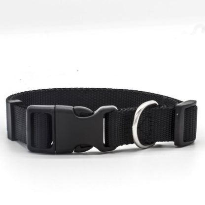 Black adjustable pet collar with durable buckle and metal D-ring for secure fastening