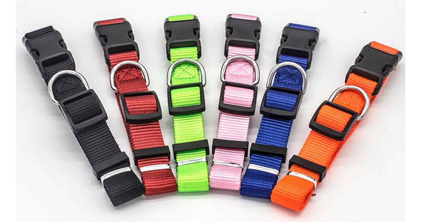 Colorful adjustable pet collar set in red, green, pink, black, orange, and blue for small dogs and cats