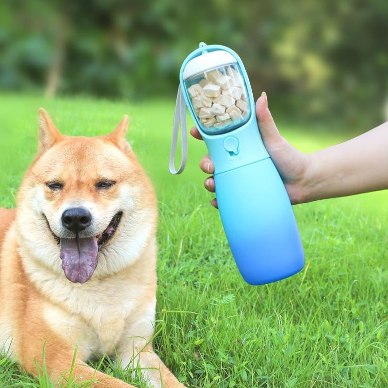 Pet travel water bottle with a built-in treat container, ideal for on-the-go hydration and snacks