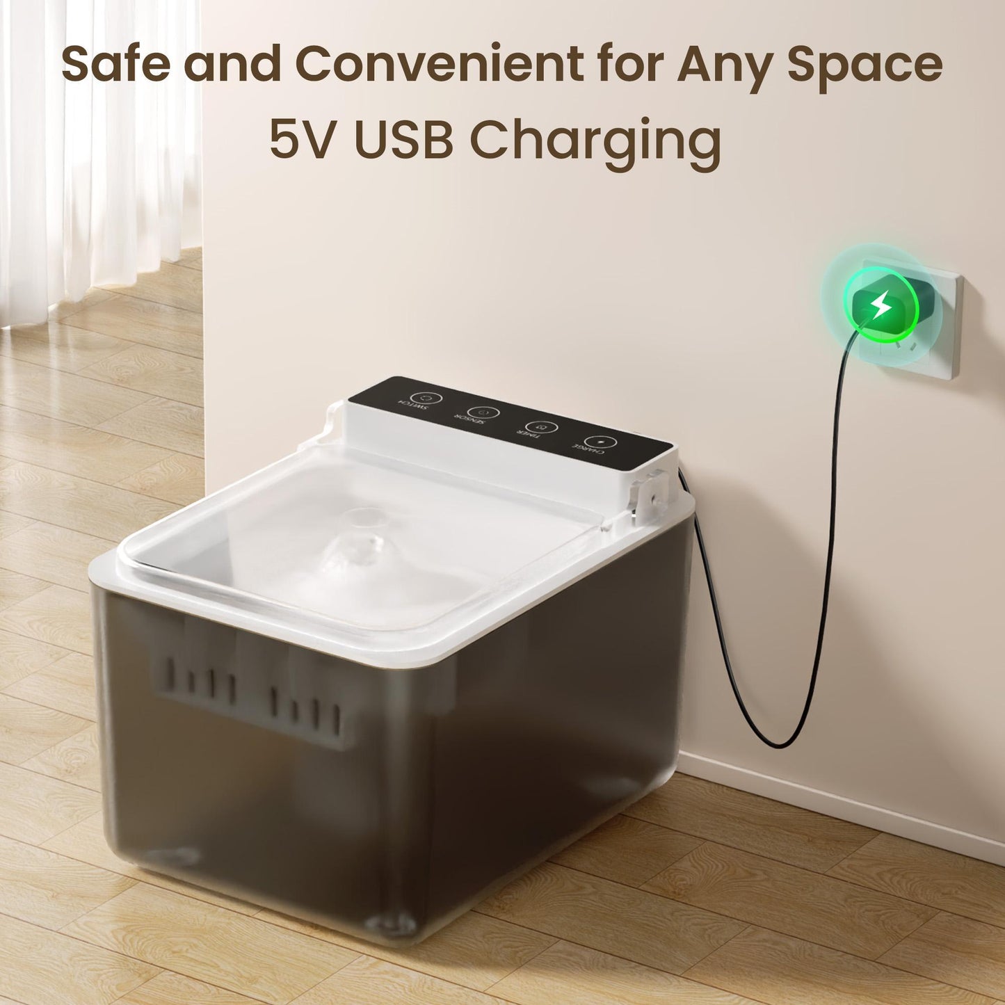 Pet water dispenser with automatic sensing designed for easy 5V USB charging and convenient use in any space