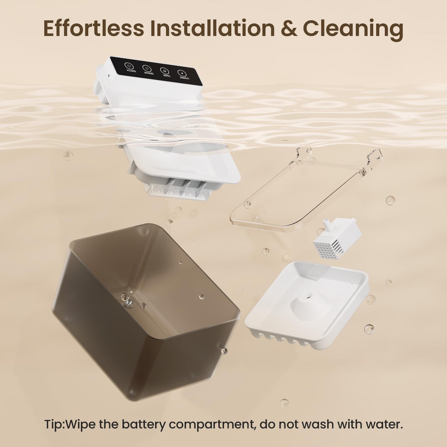 Pet water dispenser with automatic sensing, featuring easy installation and cleaning components