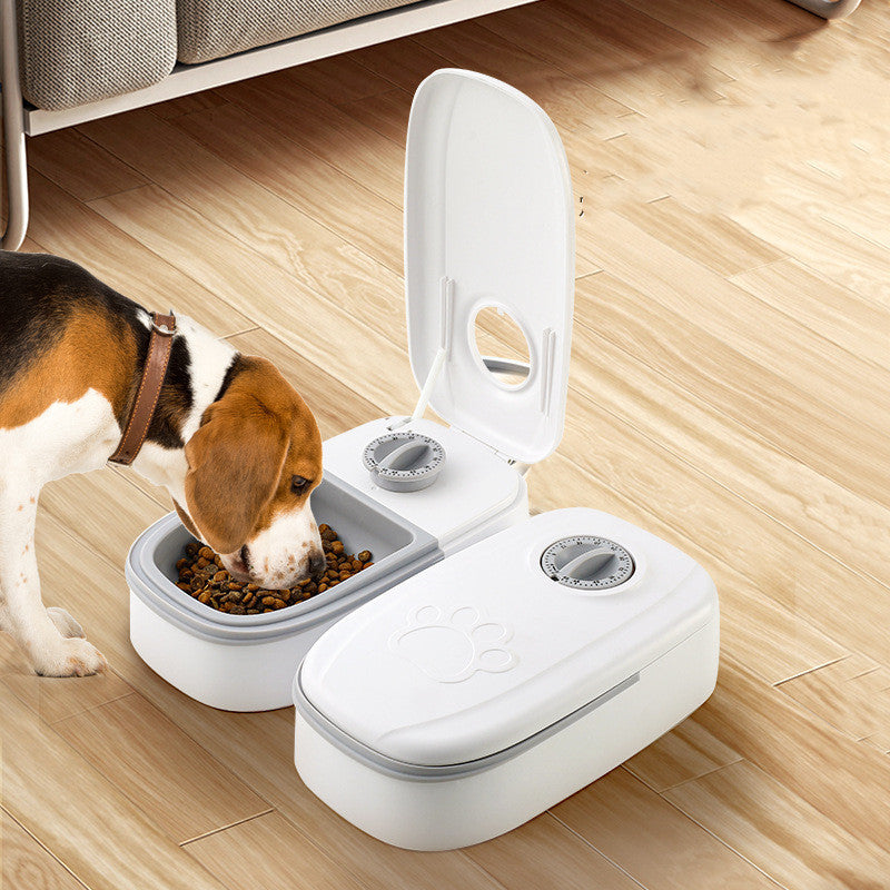 Orange Poppy white dual compartment smart pet food dispenser for cats and dogs with timer dials