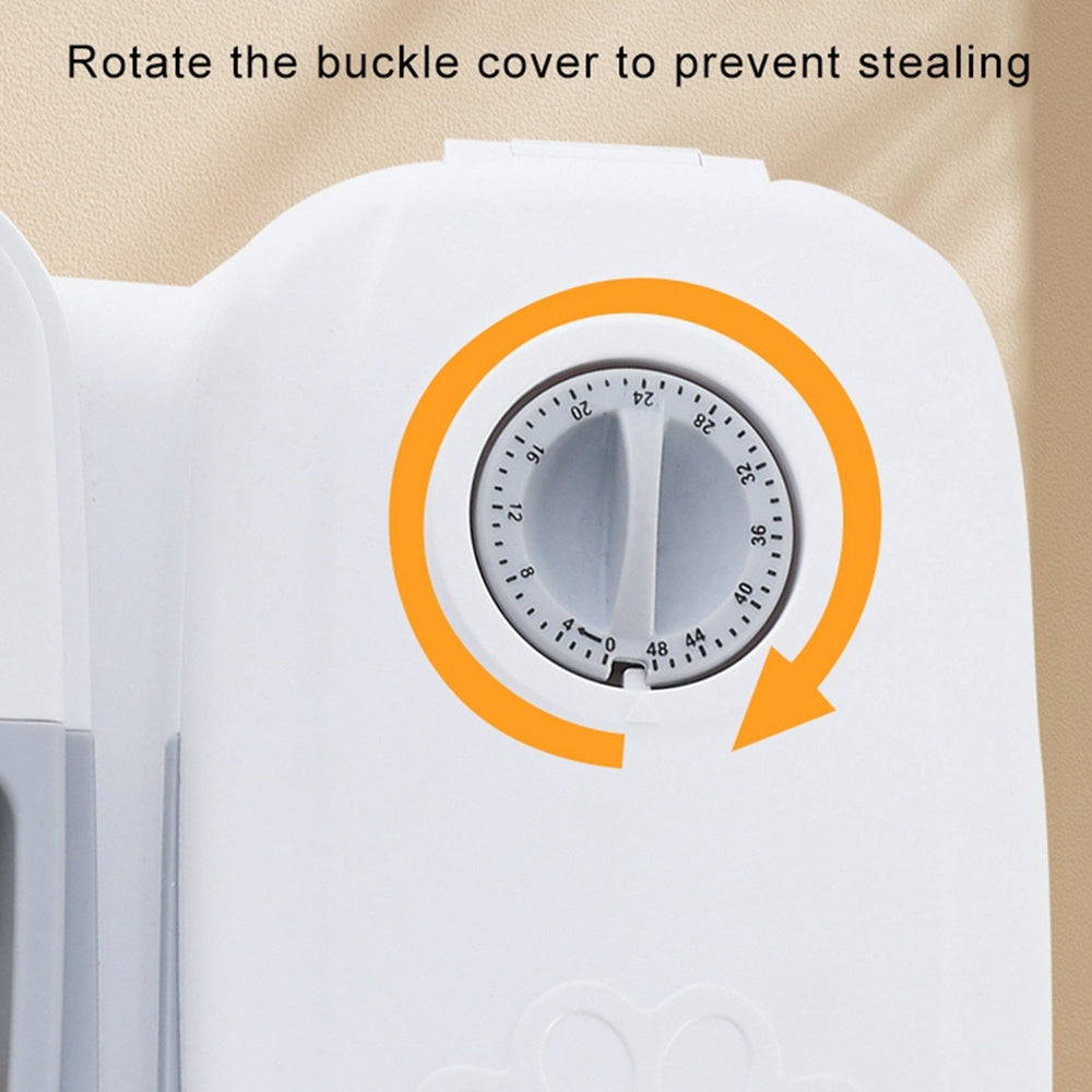 Orange Poppy smart pet food dispenser for cats and dogs close up of rotatable timer buckle cover to prevent stealing