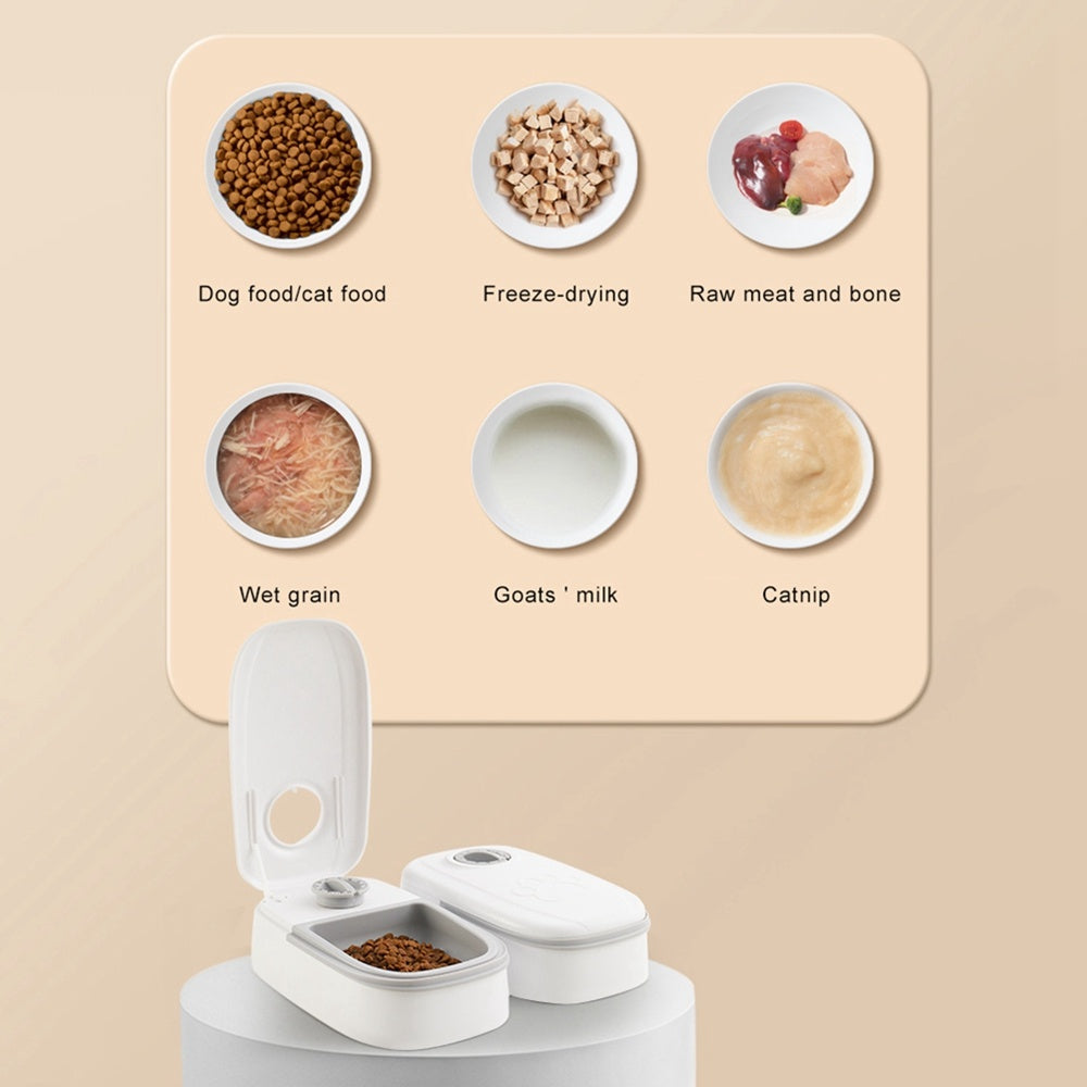 Orange Poppy smart pet food dispenser for cats and dogs white dual compartment feeder shown with dry and wet food options