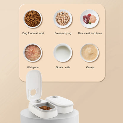 Orange Poppy smart pet food dispenser for cats and dogs white dual compartment feeder shown with dry and wet food options