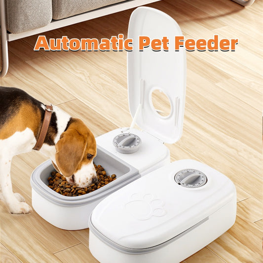 Orange Poppy white automatic smart pet food dispenser for cats and dogs with dual bowls and timer