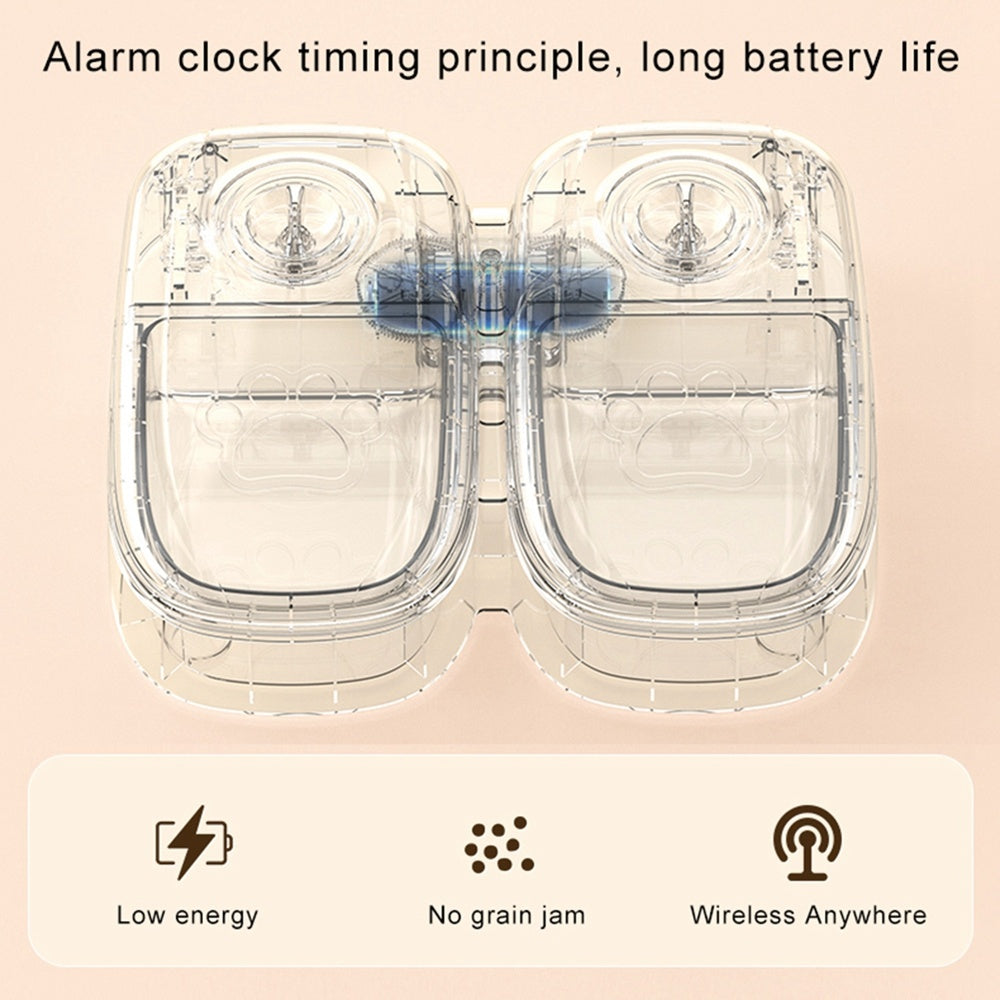 Orange Poppy transparent dual bowl smart pet food dispenser for cats and dogs showing low energy no grain jam