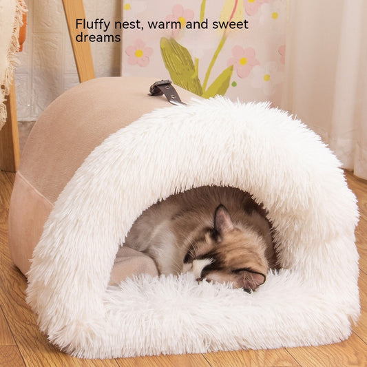 Orange Poppy warm dog and cat bed for autumn plush cave pet bed beige with white faux fur rim and sleeping cat