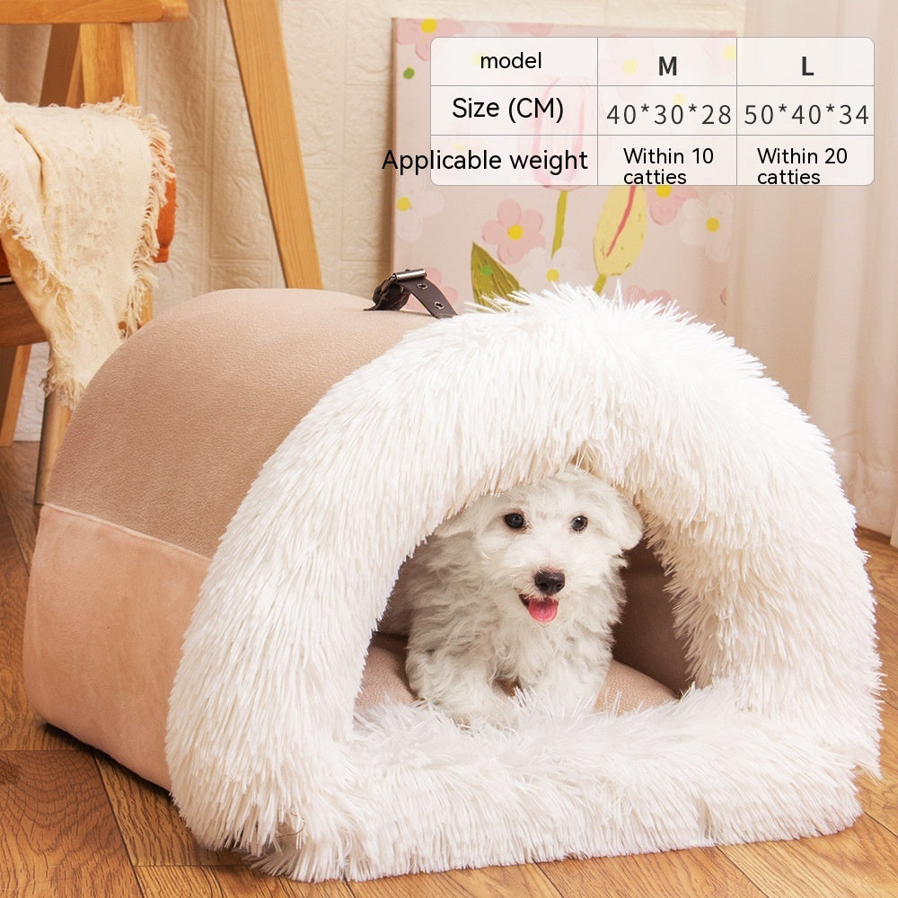 Orange Poppy beige plush cave with white faux fur entry and puppy inside warm dog and cat bed for autumn