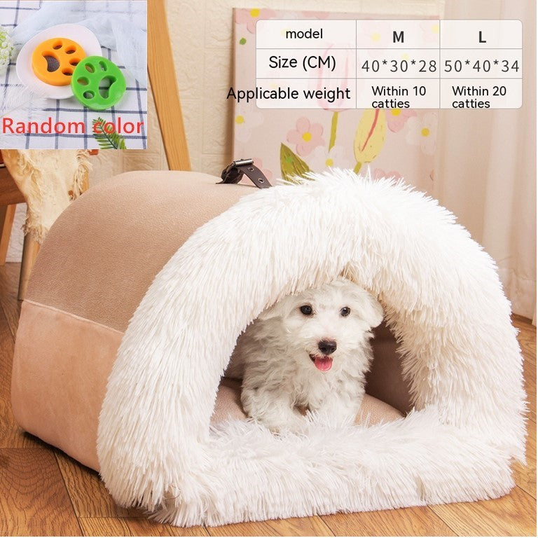 Orange Poppy beige plush cave pet house with white faux fur rim and small dog inside warm dog and cat bed for autumn