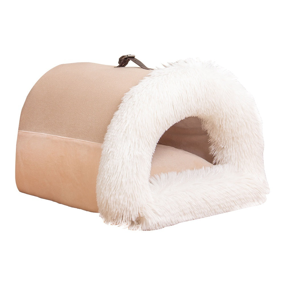 Orange Poppy beige cave pet bed with fluffy white trim and cushion warm dog and cat bed for autumn