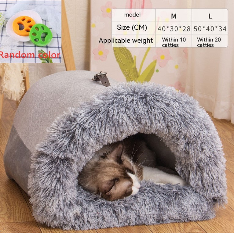 Orange Poppy grey plush cave pet bed with fluffy faux fur opening and sleeping cat warm dog and cat bed for autumn