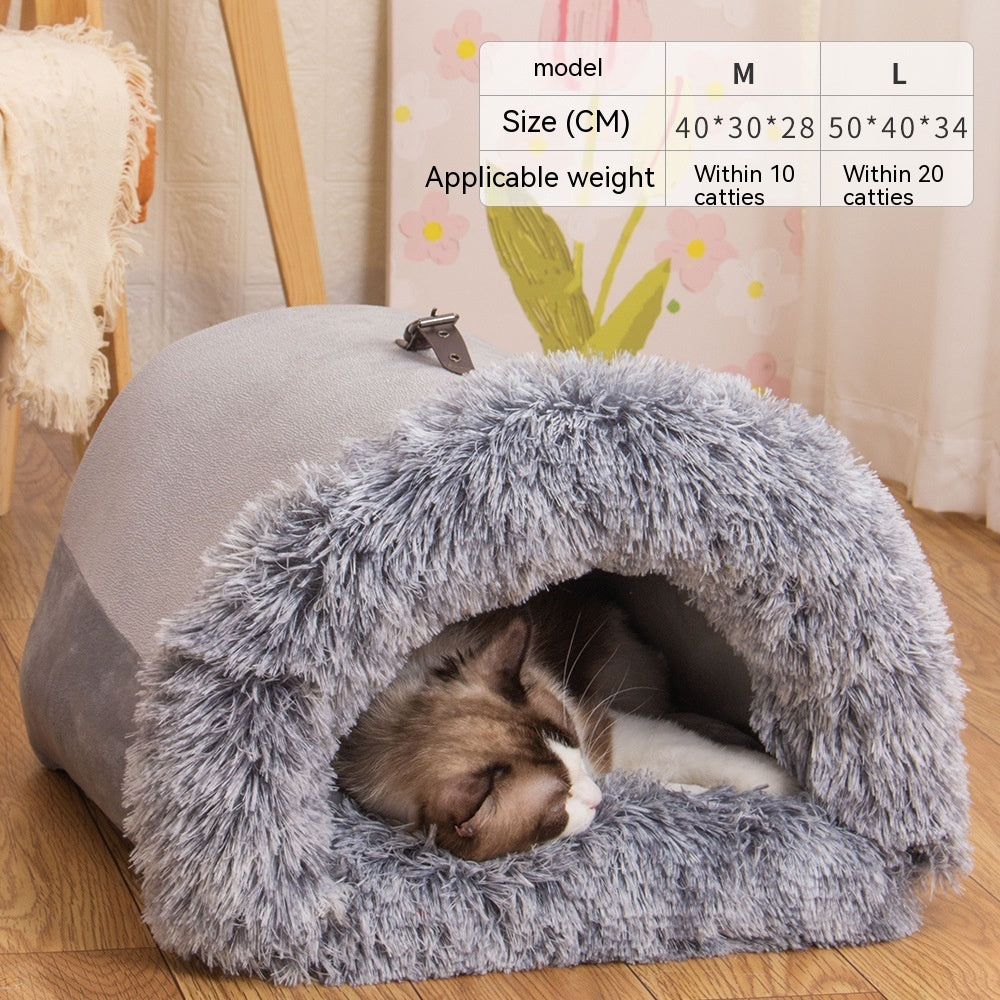 Orange Poppy gray plush cave pet bed with furry opening and sleeping cat warm dog and cat bed for autumn