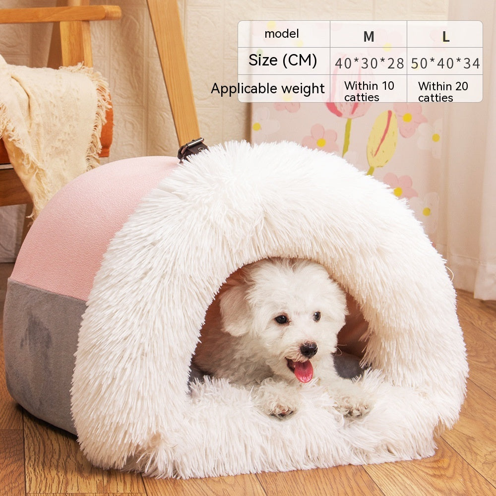 Orange Poppy warm dog and cat bed for autumn plush cave with white faux fur entrance pink gray sides and small white dog