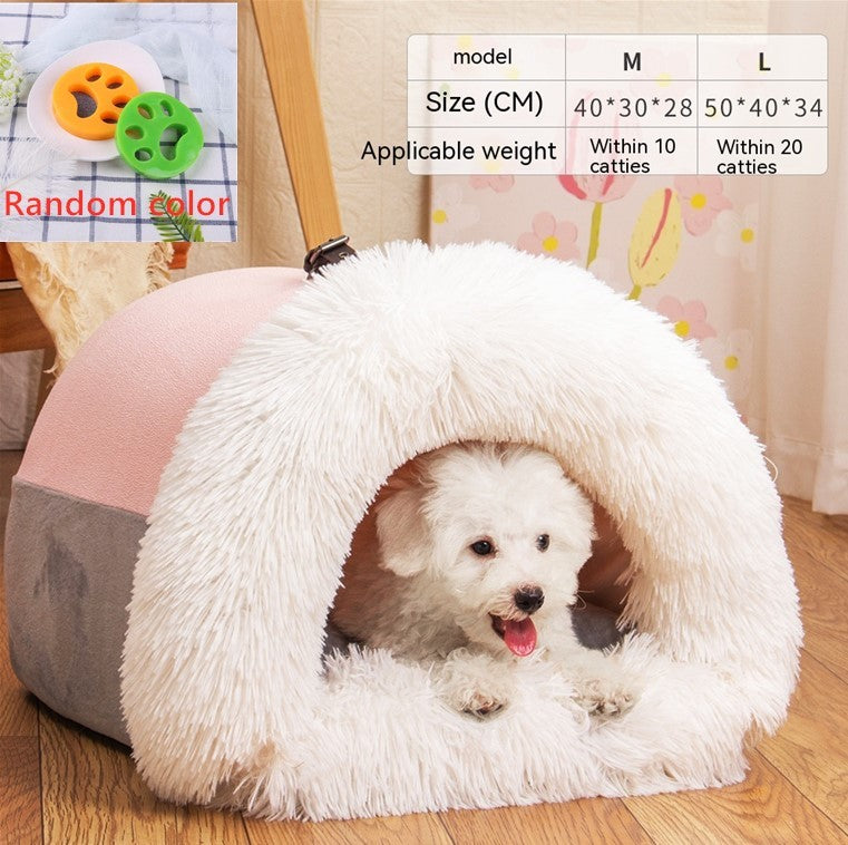 Orange Poppy fluffy cave pet bed with white faux fur and pink gray sides warm dog and cat bed for autumn