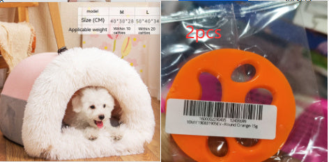 Orange Poppy fluffy igloo pet bed with small white dog and packaged orange accessory, warm dog and cat bed for autumn