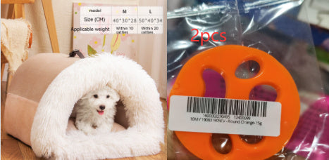Orange Poppy warm dog and cat bed for autumn cave style beige faux fur pet bed with small white dog and packaged orange toy