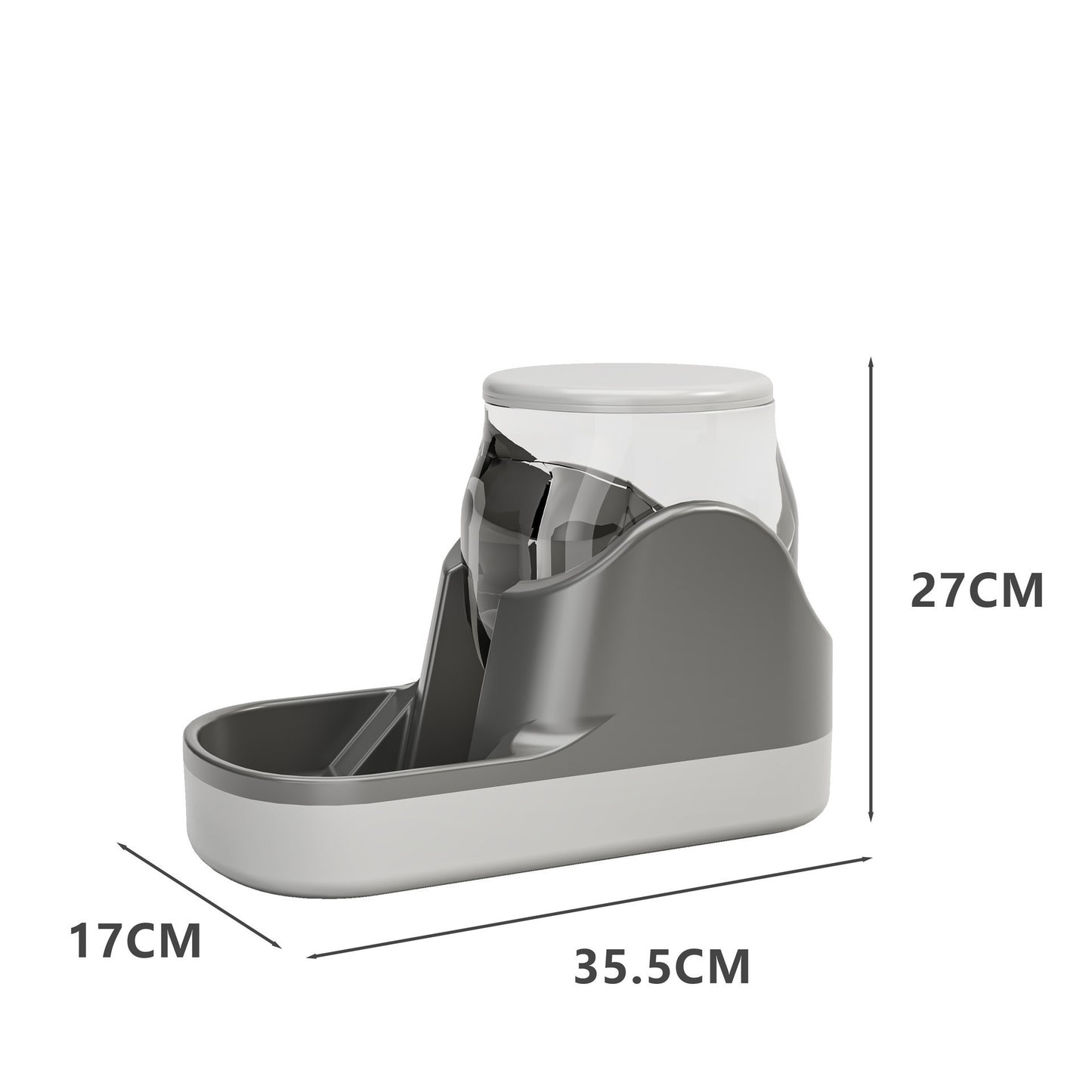 Orange Poppy automatic pet water dispenser in gray white plastic with 35.5cm by 17cm by 27cm dimensions