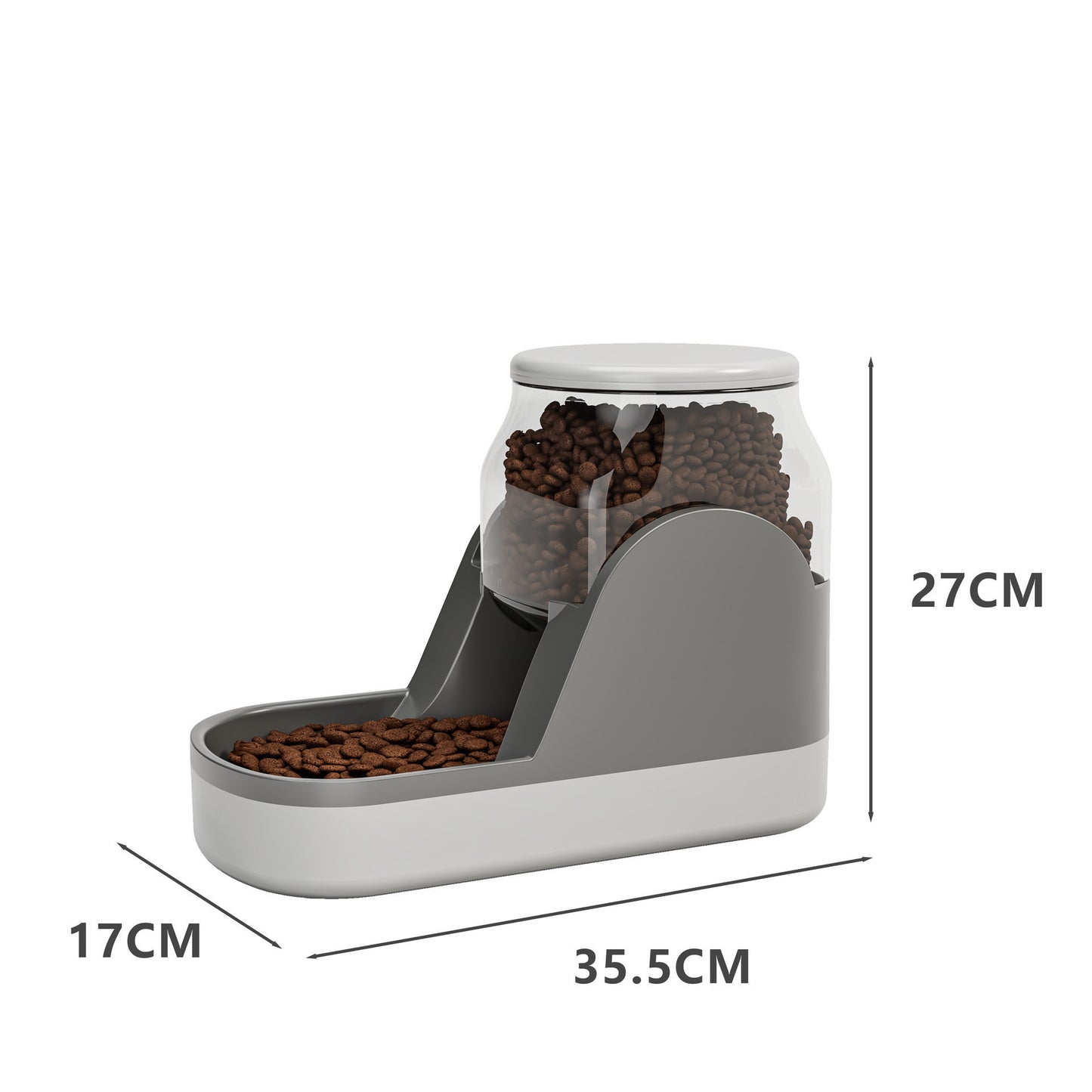 Orange Poppy automatic pet water dispenser style gray dry food feeder with clear hopper and 35.5 cm length