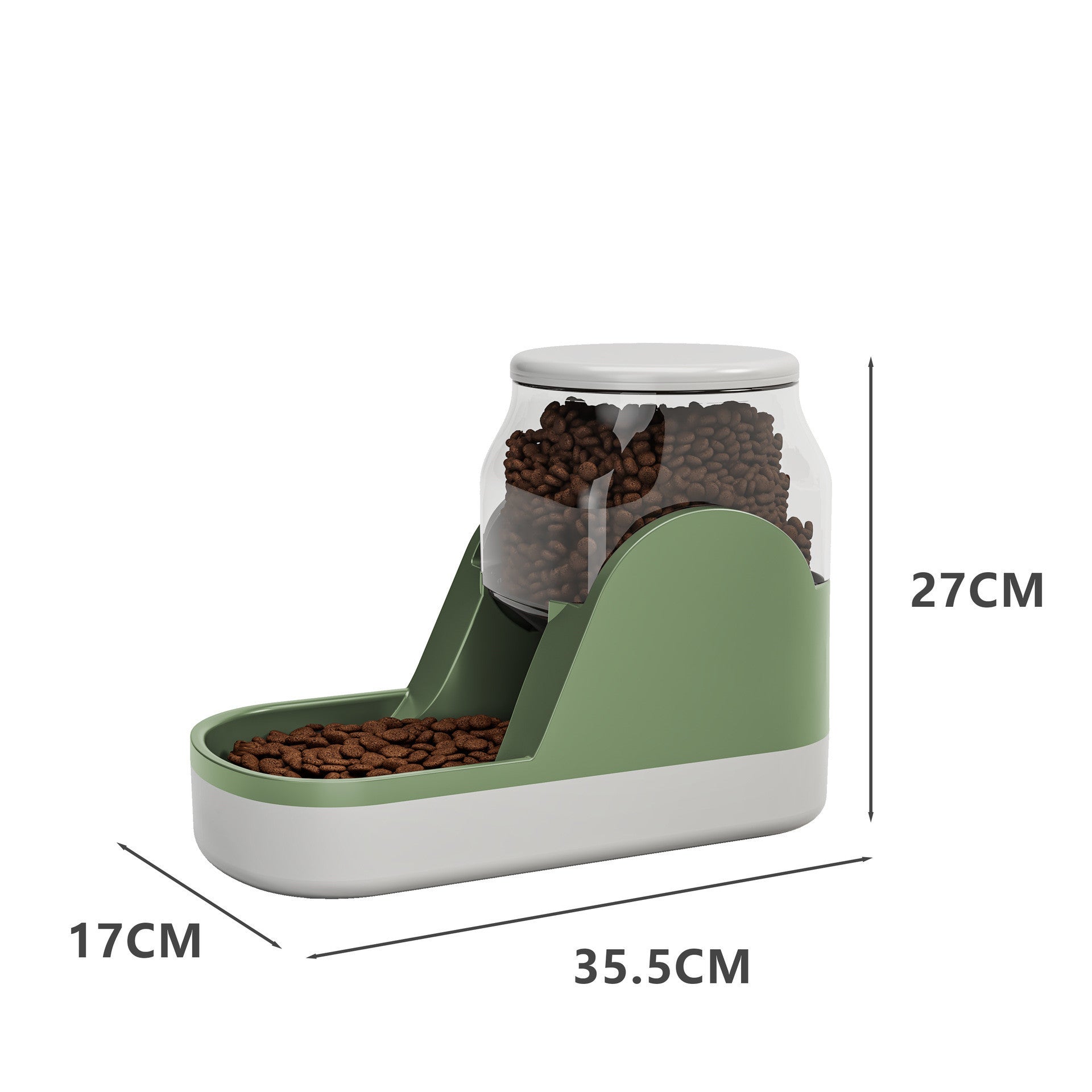Orange Poppy automatic pet water dispenser green and white gravity feeder with clear reservoir and dimensions shown