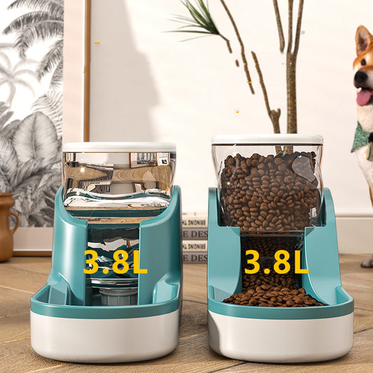 Orange Poppy automatic pet water dispenser and 3.8L food feeder set in teal and white
